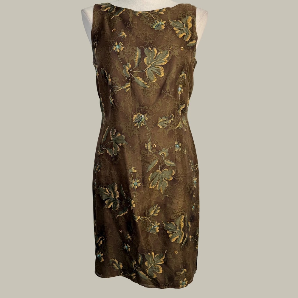 VTG Liz Claiborne Brown Silk Dress Floral Jacquard Cottagecore Beaded Sheath